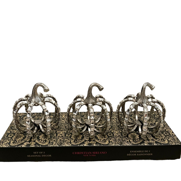 Christian Siriano Crystal Jeweled Metal Pumpkins Set of 3 Halloween Glam Silver - Picture 6 of 13